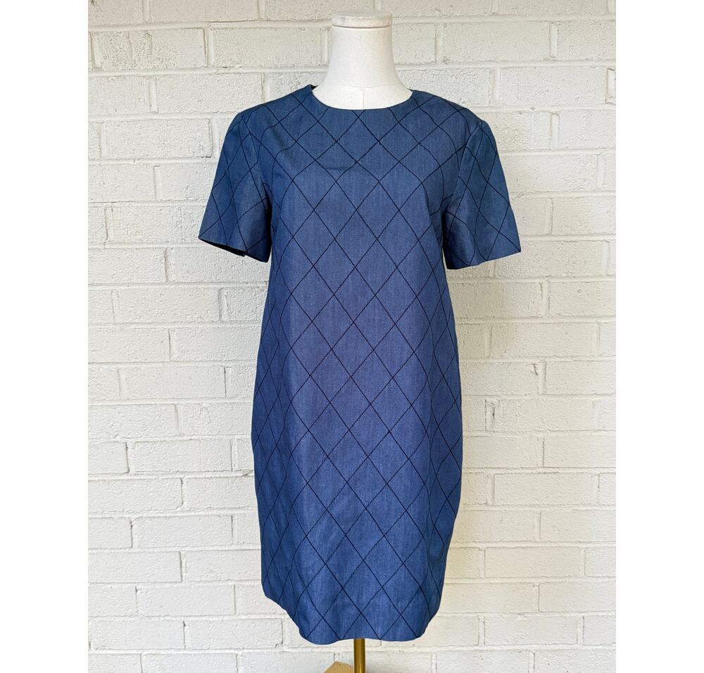 Kate Spade Quilted Chambray Shift Dress Blue Diamond Stitch Mini Pocket Size 0